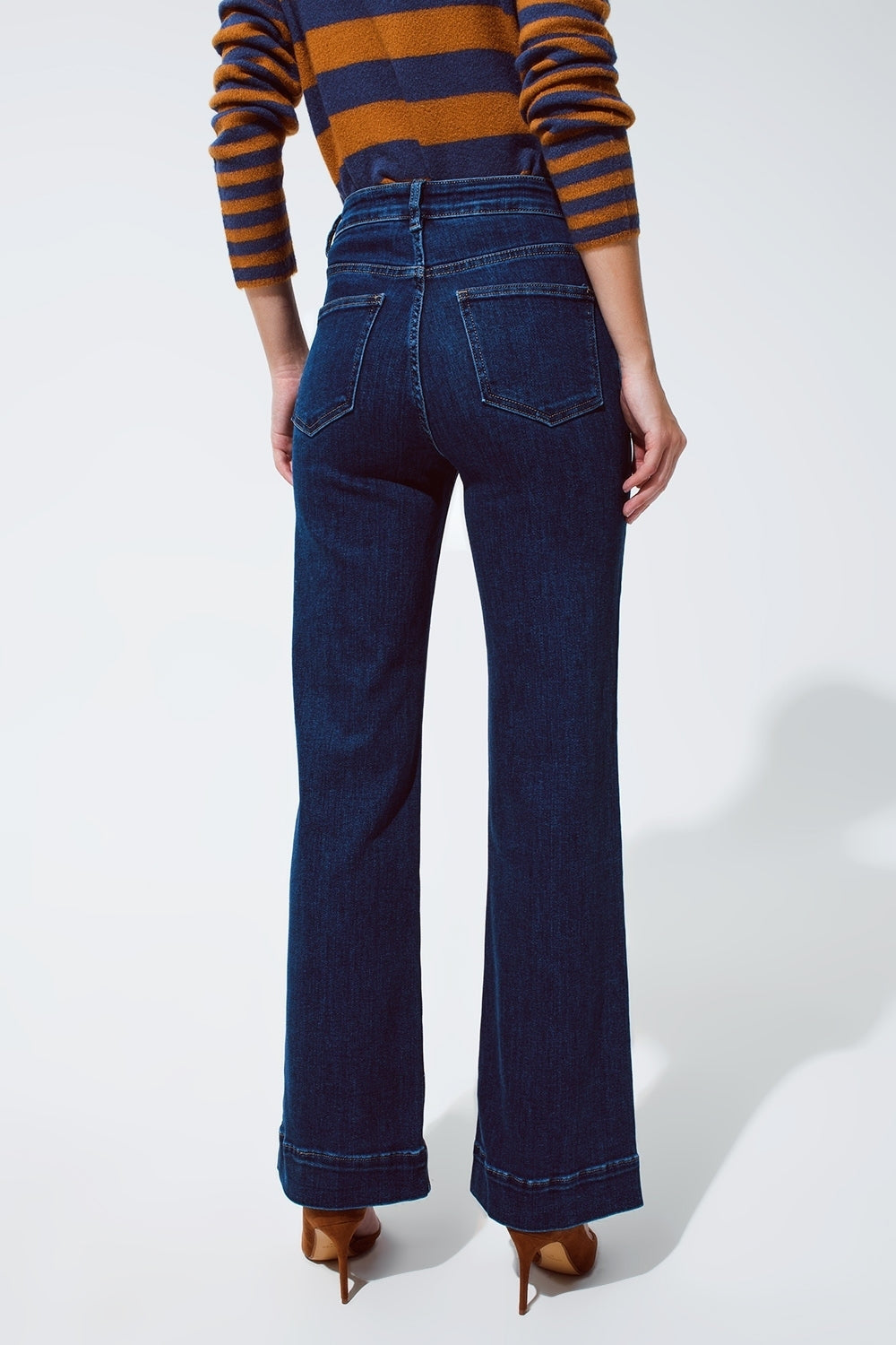 Marine Flare Jeans With Button Detailing in Mid wash