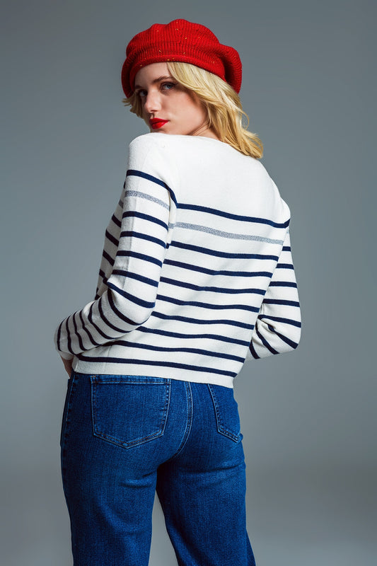 Marine Style Stripey Sweater With Button Detail At Shoulder