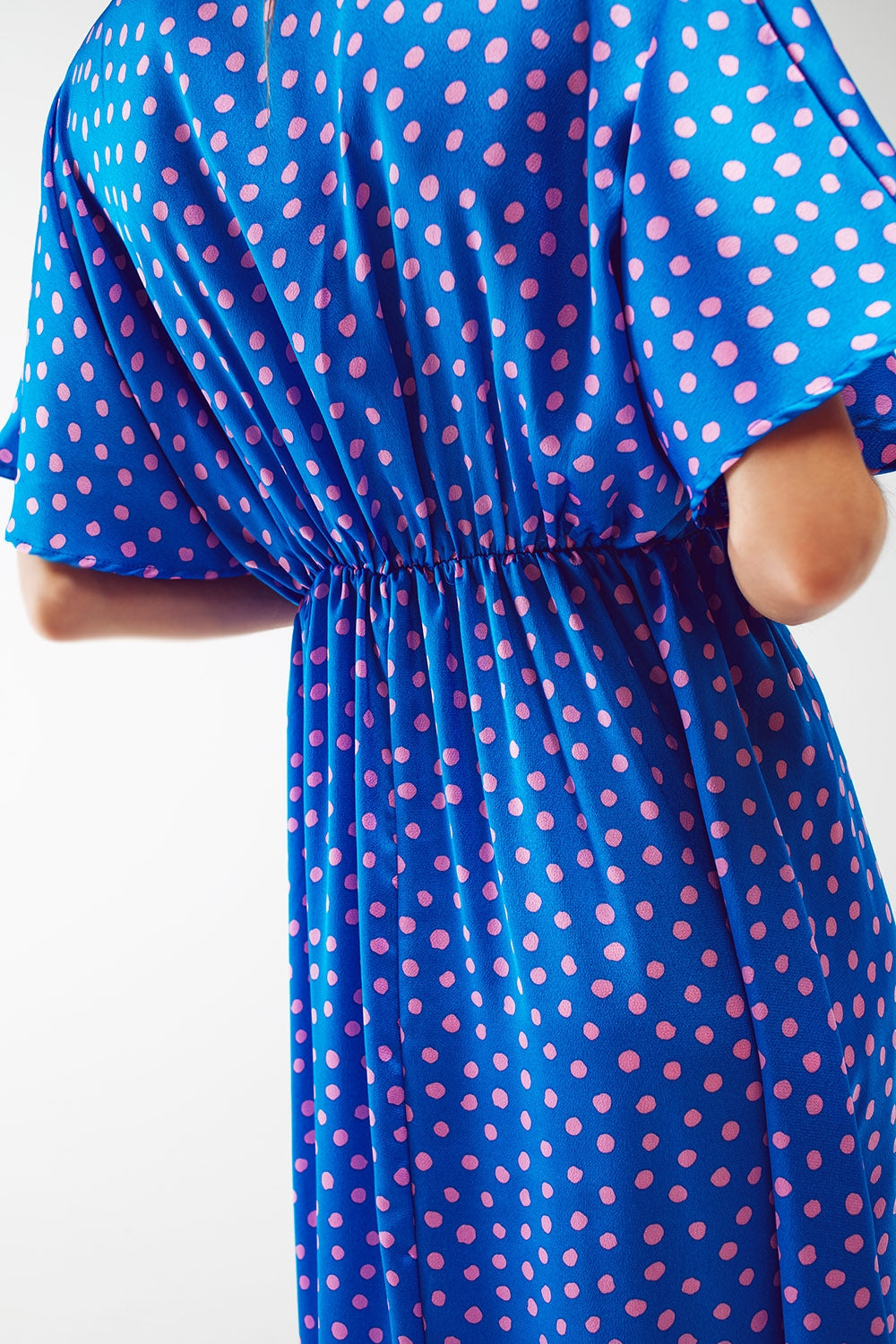 Maxi Cinched At The Waist Dress With Angel Sleeves In Blue Polka Dot - Szua Store