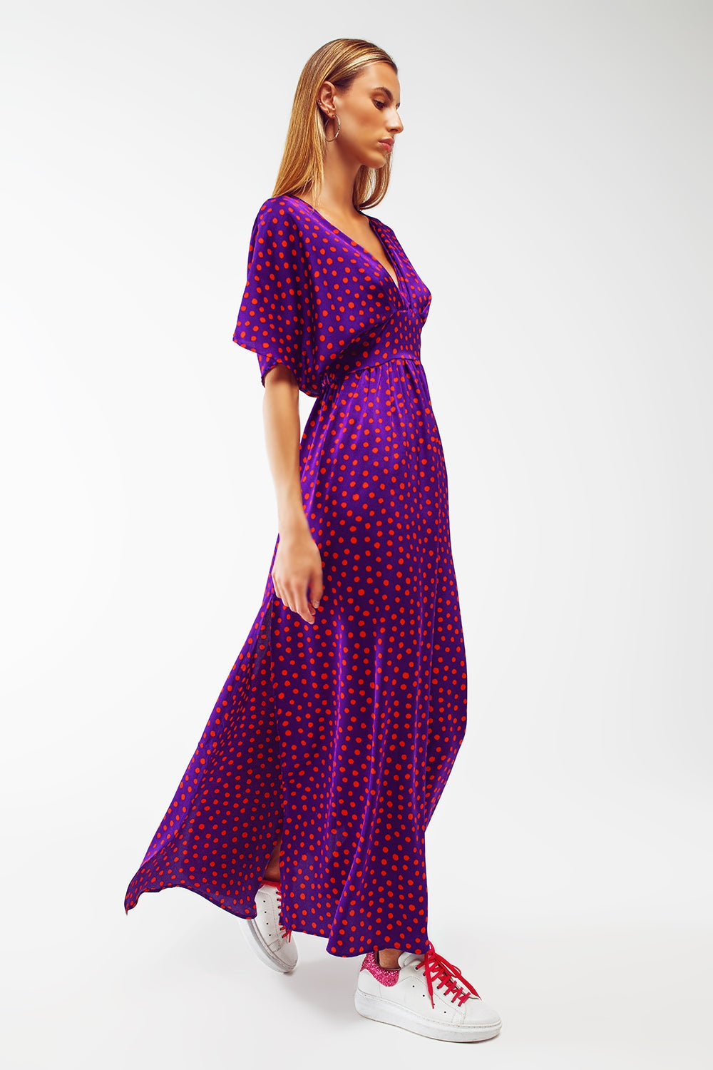Q2 Maxi Cinched At The Waist Dress With Angel Sleeves In Purple Polka Dot