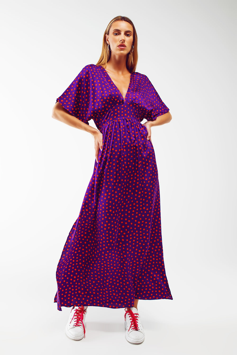 Maxi Cinched At The Waist Dress With Angel Sleeves In Purple Polka Dot - Szua Store