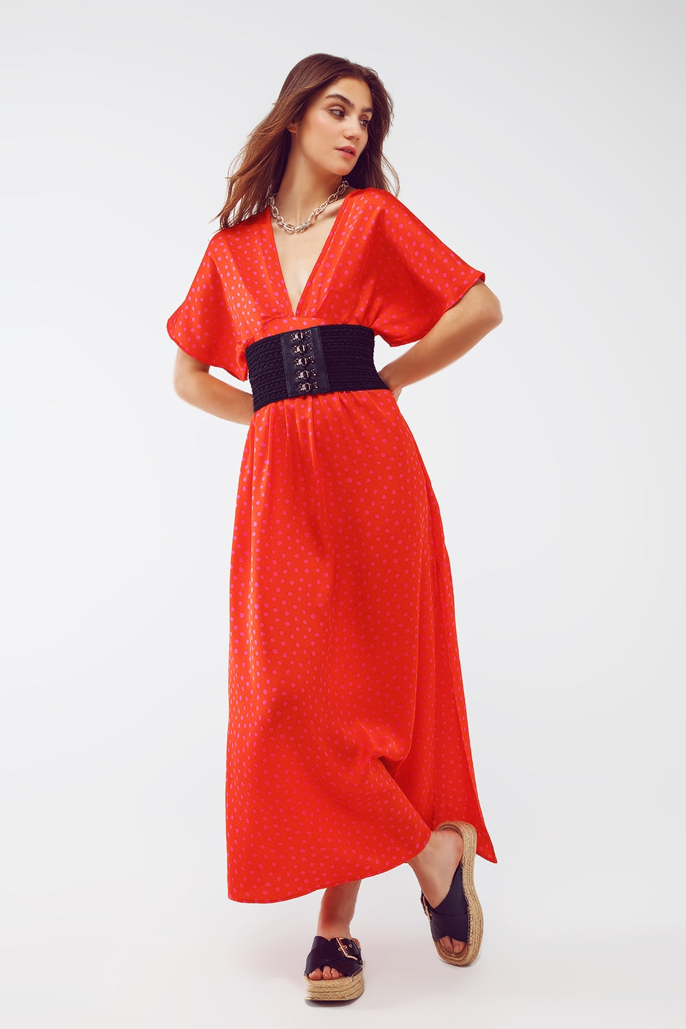 Q2 Maxi Cinched At The Waist Dress With Angel Sleeves In Red Polka Dot
