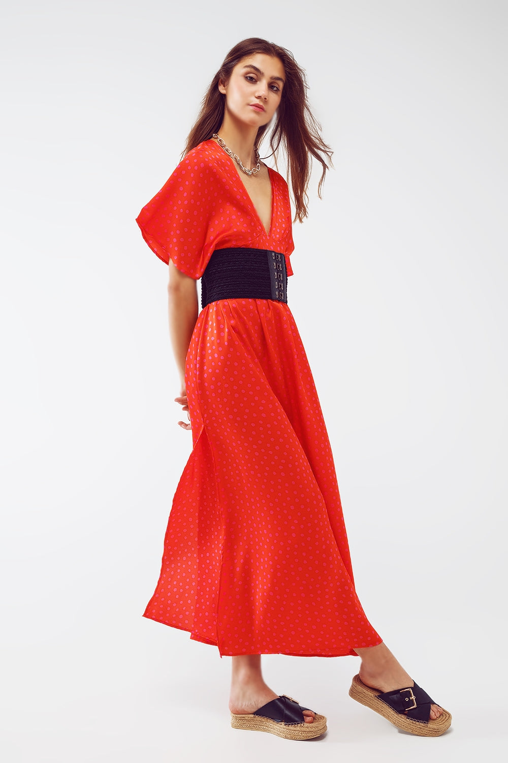 Maxi Cinched At The Waist Dress With Angel Sleeves In Red Polka Dot - Szua Store