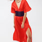 Maxi Cinched At The Waist Dress With Angel Sleeves In Red Polka Dot - Szua Store