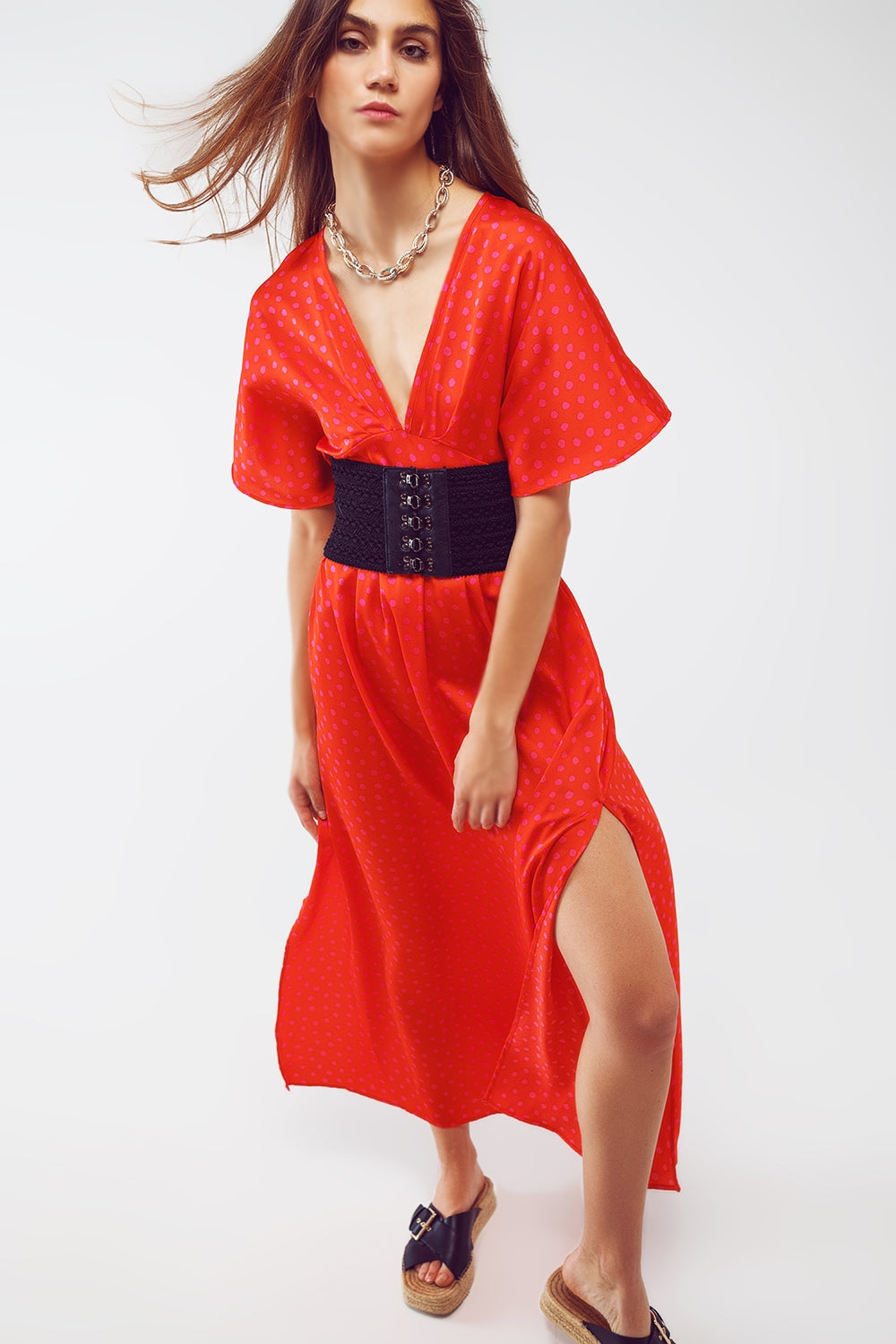 Maxi Cinched At The Waist Dress With Angel Sleeves In Red Polka Dot - Szua Store