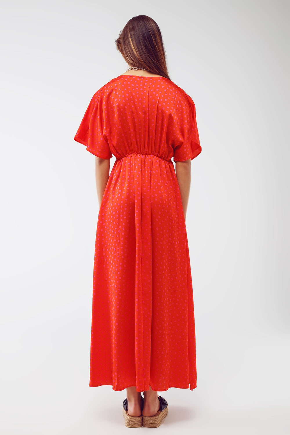 Maxi Cinched At The Waist Dress With Angel Sleeves In Red Polka Dot - Szua Store