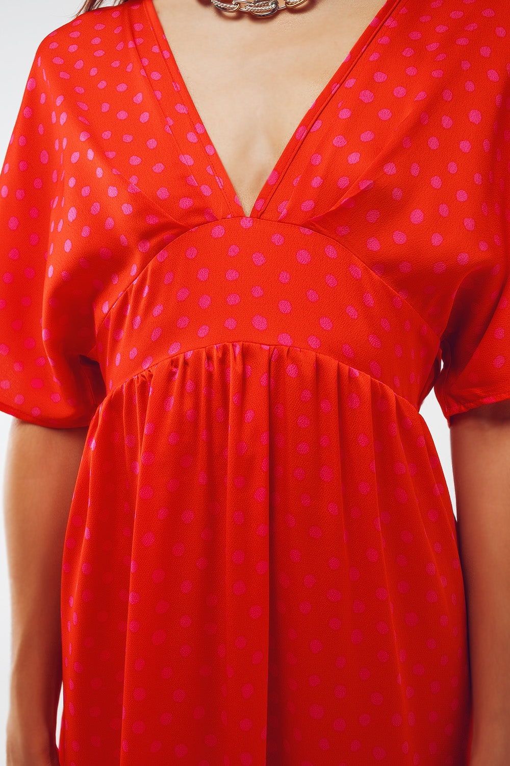 Maxi Cinched At The Waist Dress With Angel Sleeves In Red Polka Dot - Szua Store