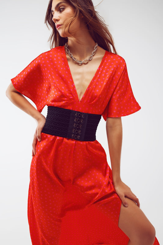 Maxi Cinched At The Waist Dress With Angel Sleeves In Red Polka Dot - Szua Store