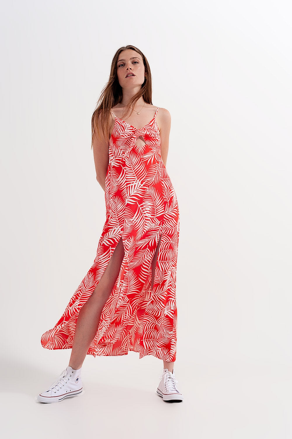 Maxi dress with splits in red leaves print Szua Store