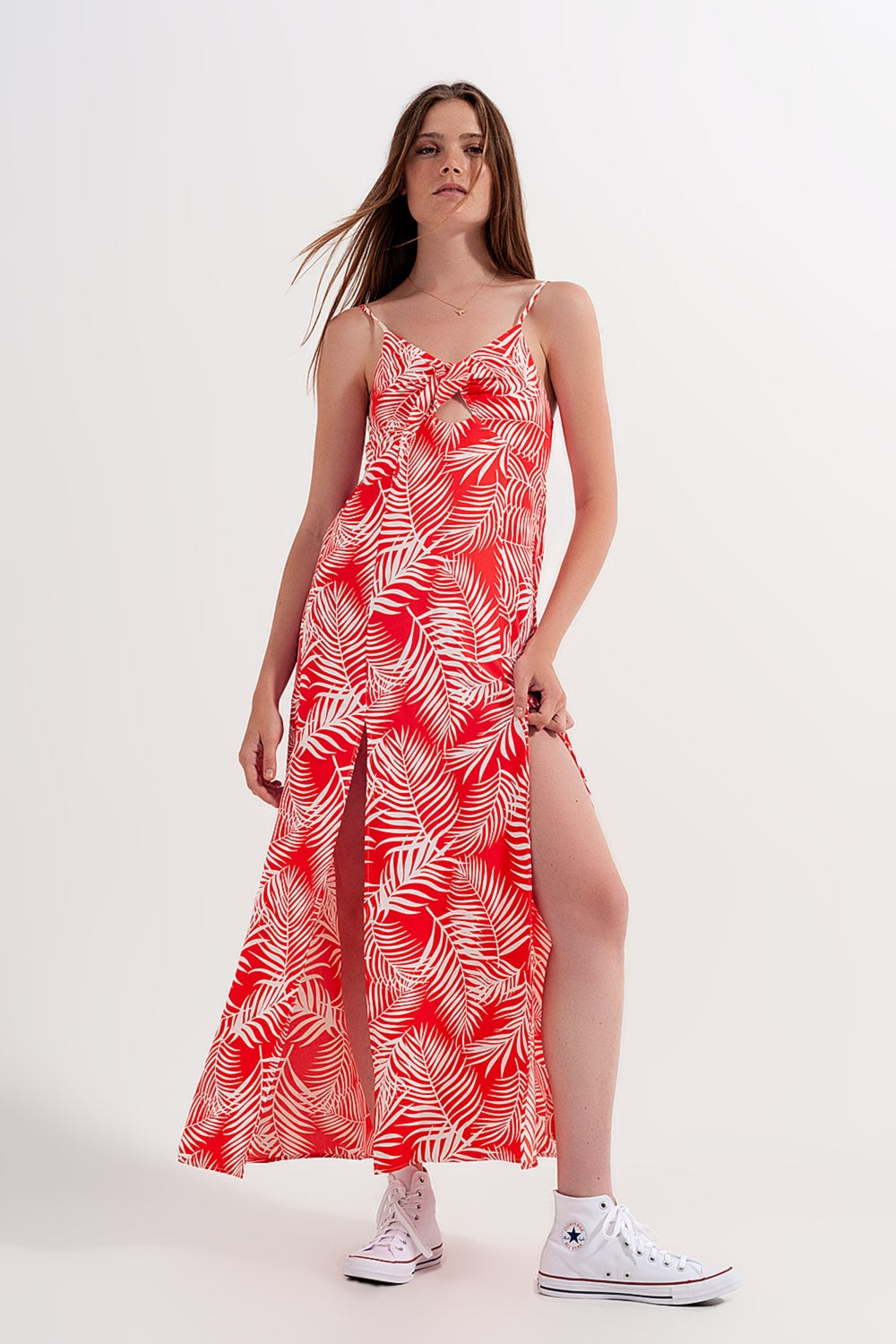 Maxi dress with splits in red leaves print Szua Store