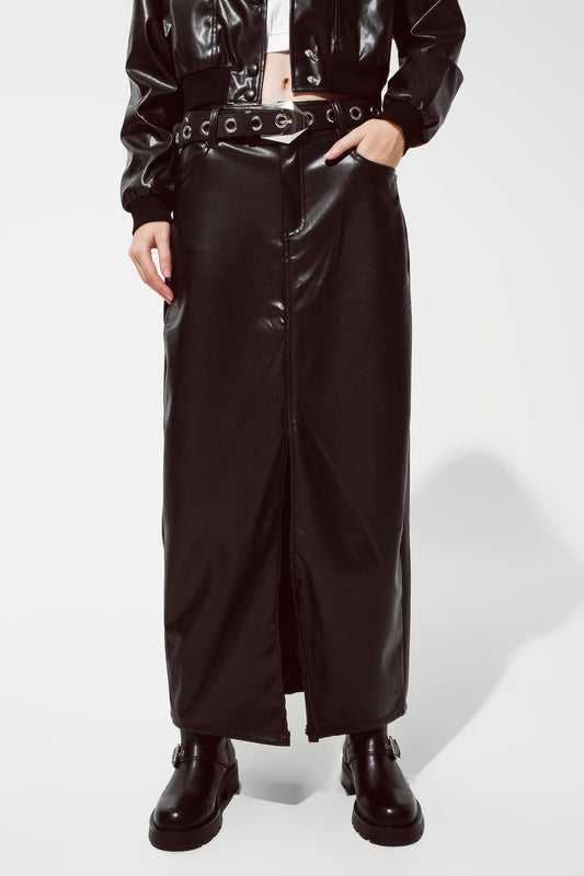 Q2 Maxi faux leather skirt with cut at the front