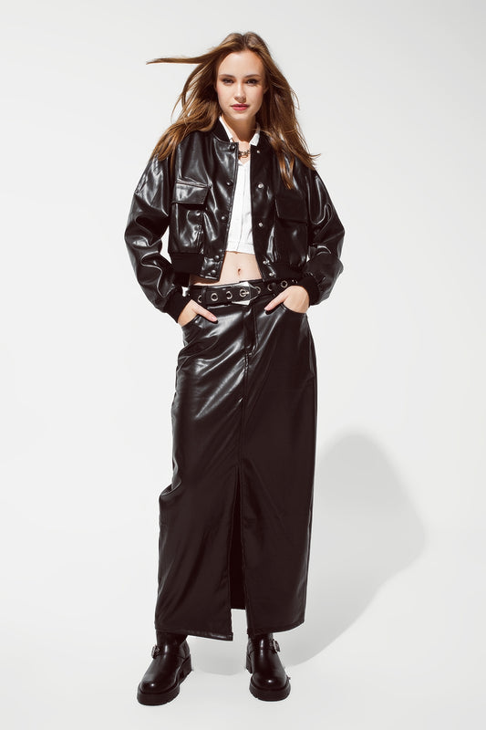 Maxi faux leather skirt with cut at the front
