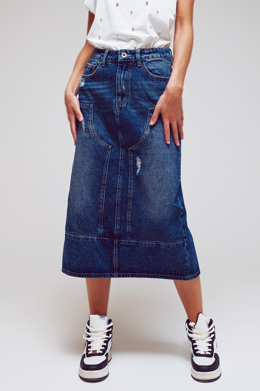 Q2 Maxi Pencil Denim Skirt With Panel Details In The Front