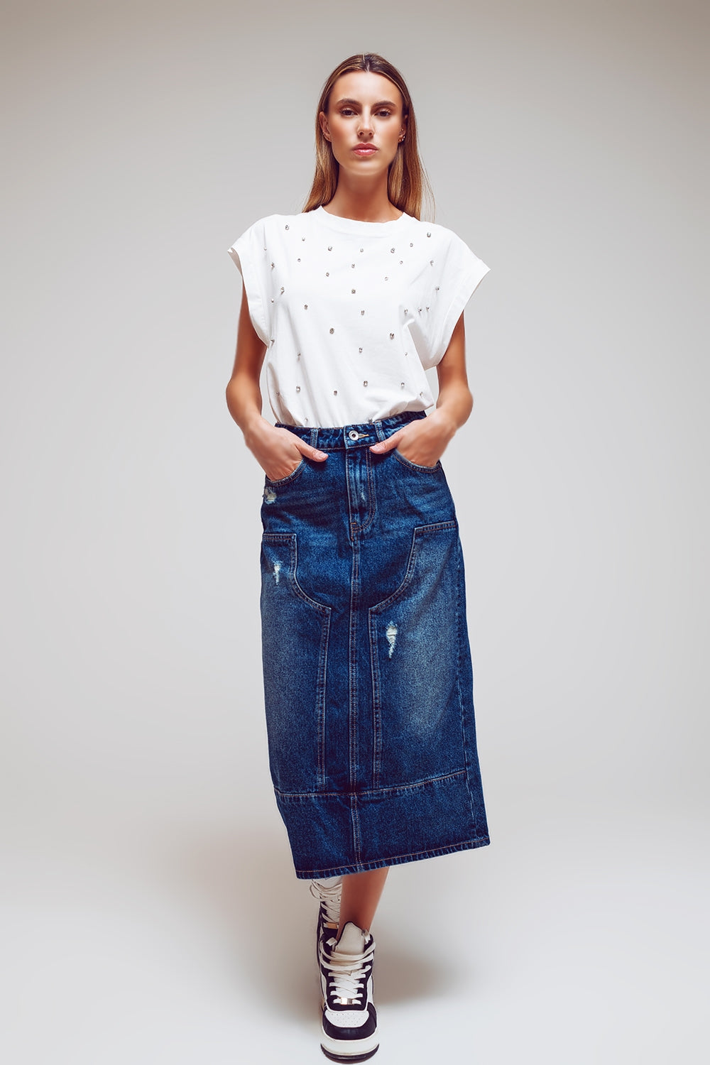 Maxi Pencil Denim Skirt With Panel Details In The Front - Szua Store