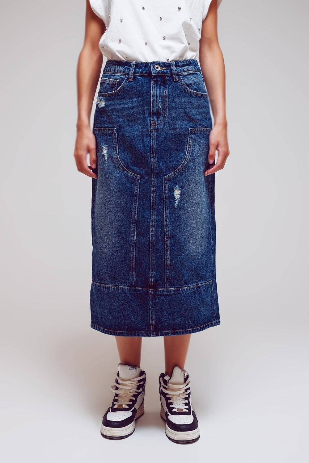 Maxi Pencil Denim Skirt With Panel Details In The Front - Szua Store
