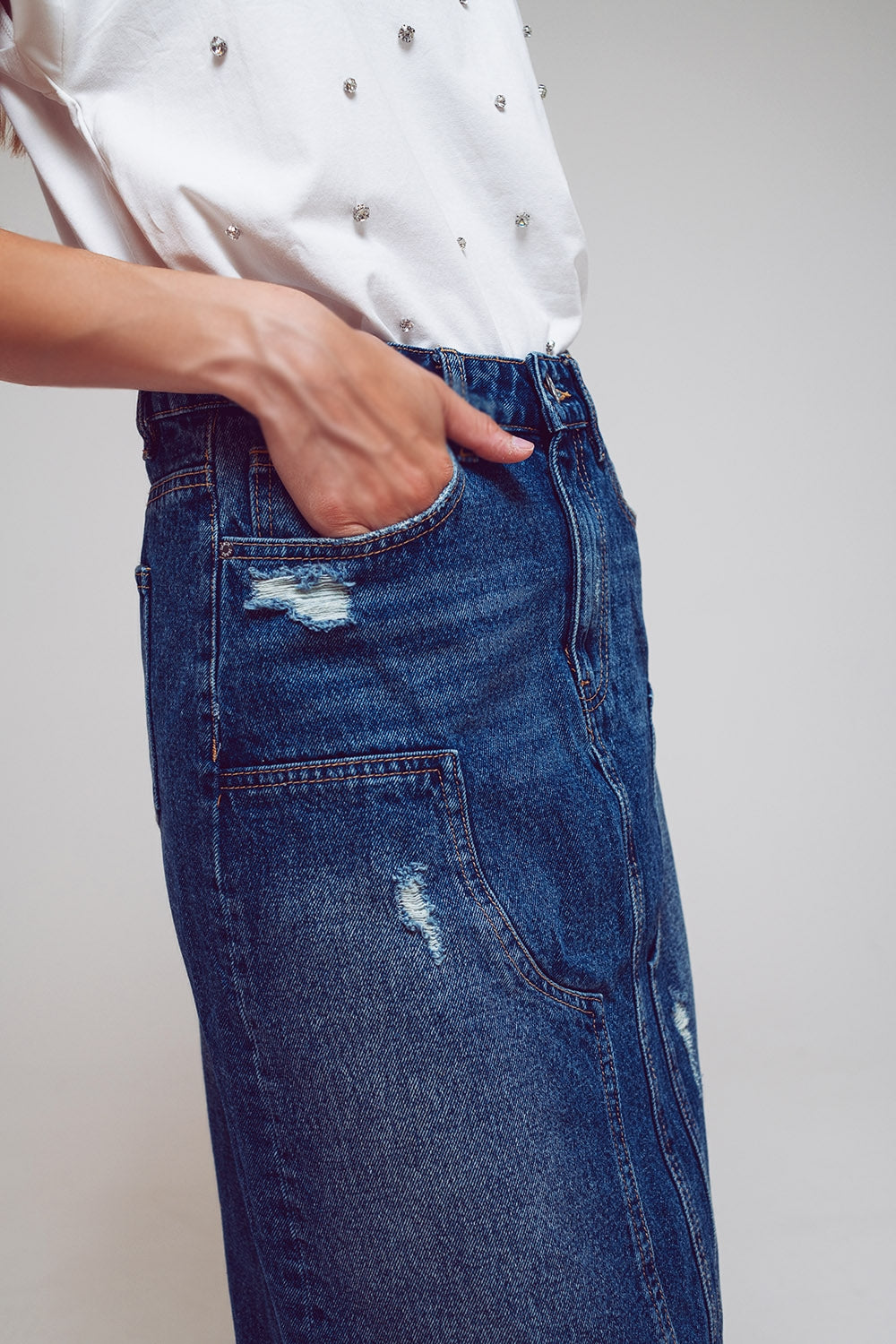 Maxi Pencil Denim Skirt With Panel Details In The Front - Szua Store