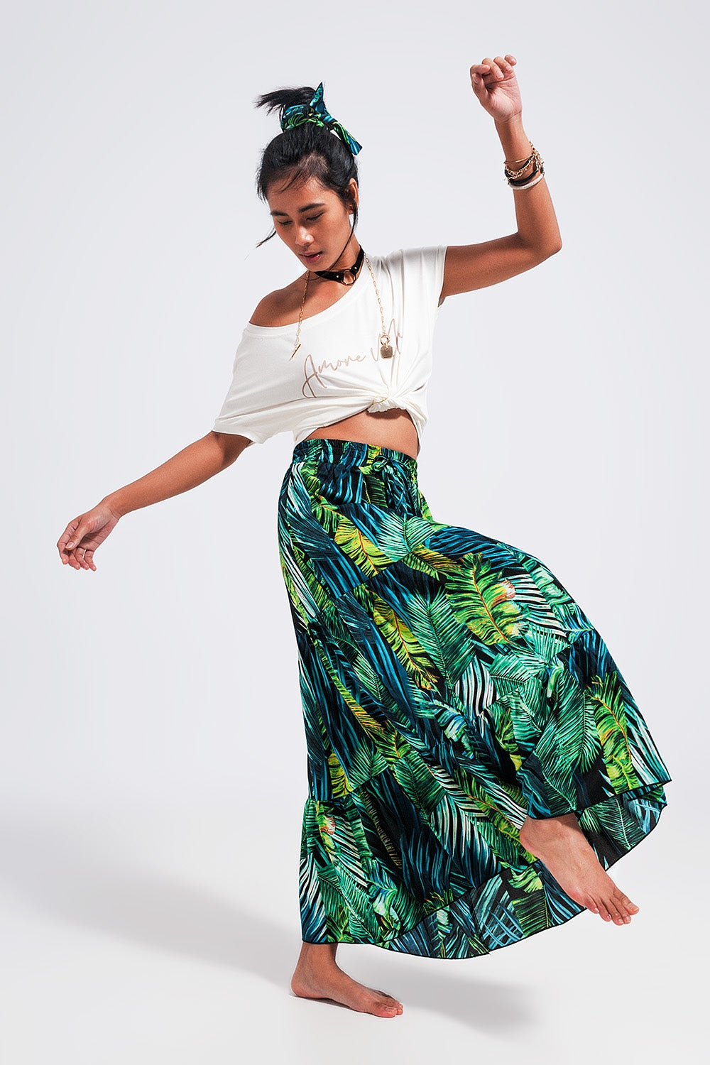Maxi tiered skirt in green tropical print Szua Store