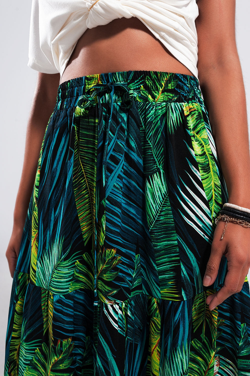 Maxi tiered skirt in green tropical print Szua Store
