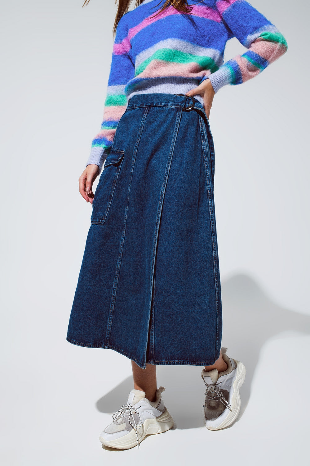 Q2 Maxi wrap denim skirt with pocket detail