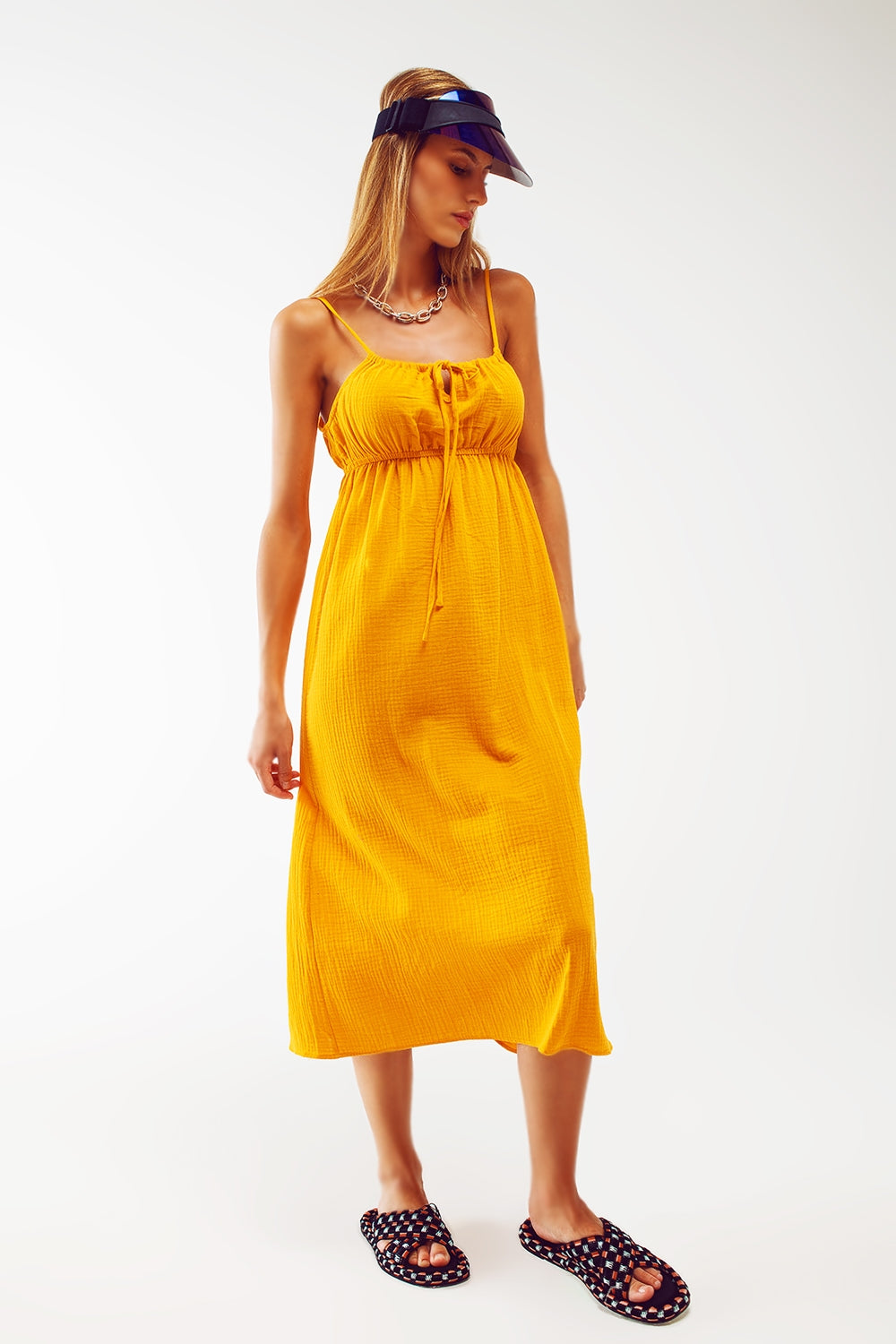 Q2 maxi yellow summer dress with straps and gathered waist