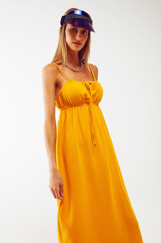 Maxi Yellow Summer Dress with Straps and Gathered Waist - Szua Store