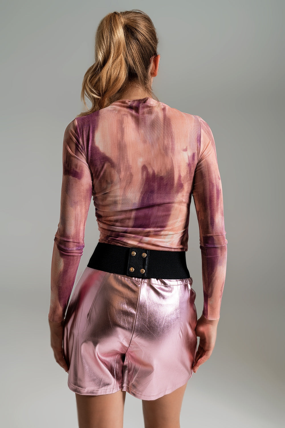 Mesh Top Rouched At The Side In Abstract Pink Print - Szua Store