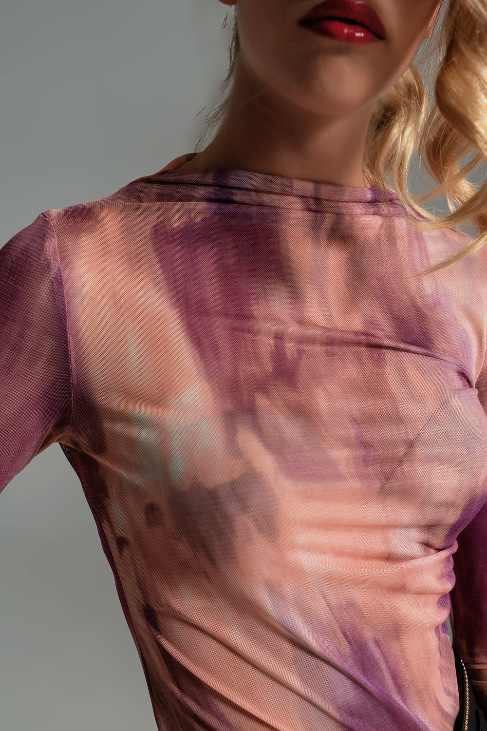 Mesh Top Rouched At The Side In Abstract Pink Print - Szua Store