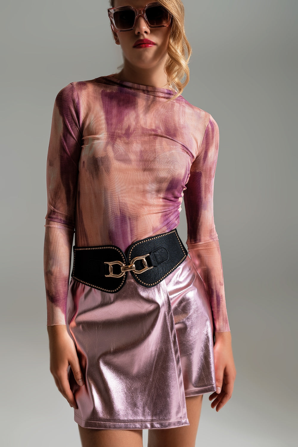Mesh Top Rouched At The Side In Abstract Pink Print - Szua Store