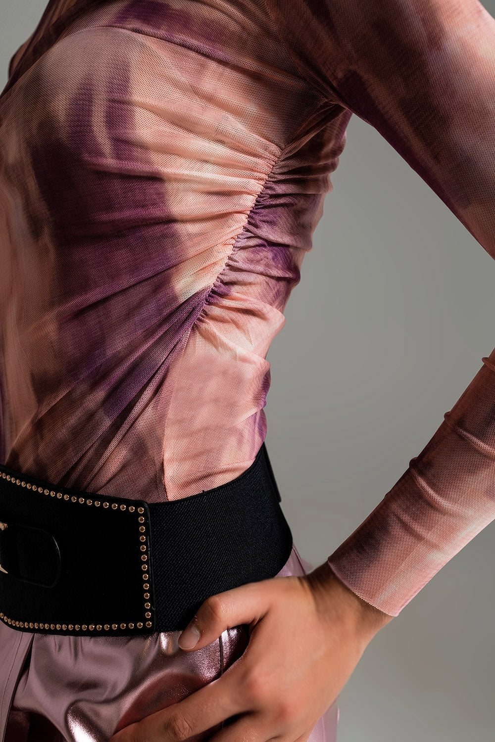 Mesh Top Rouched At The Side In Abstract Pink Print - Szua Store