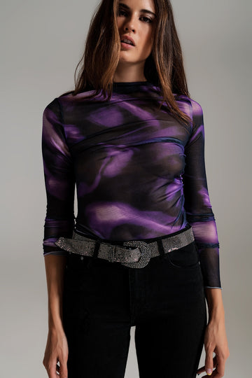 Q2 Mesh Top Rouched At The Side In Abstract Purple Print