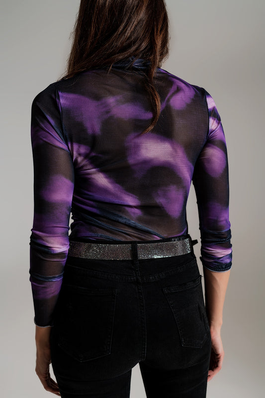 Mesh Top Rouched At The Side In Abstract Purple Print - Szua Store