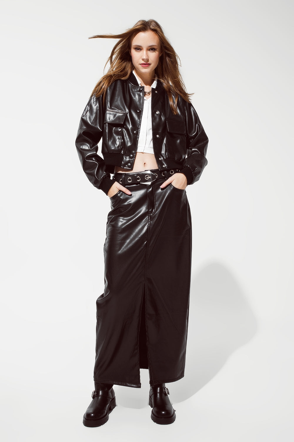 Metallic Bomber Jacket With Front Pockets in black