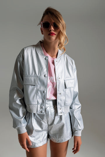 Q2 Metallic Bomber Jacket With Front Pockets in Silver