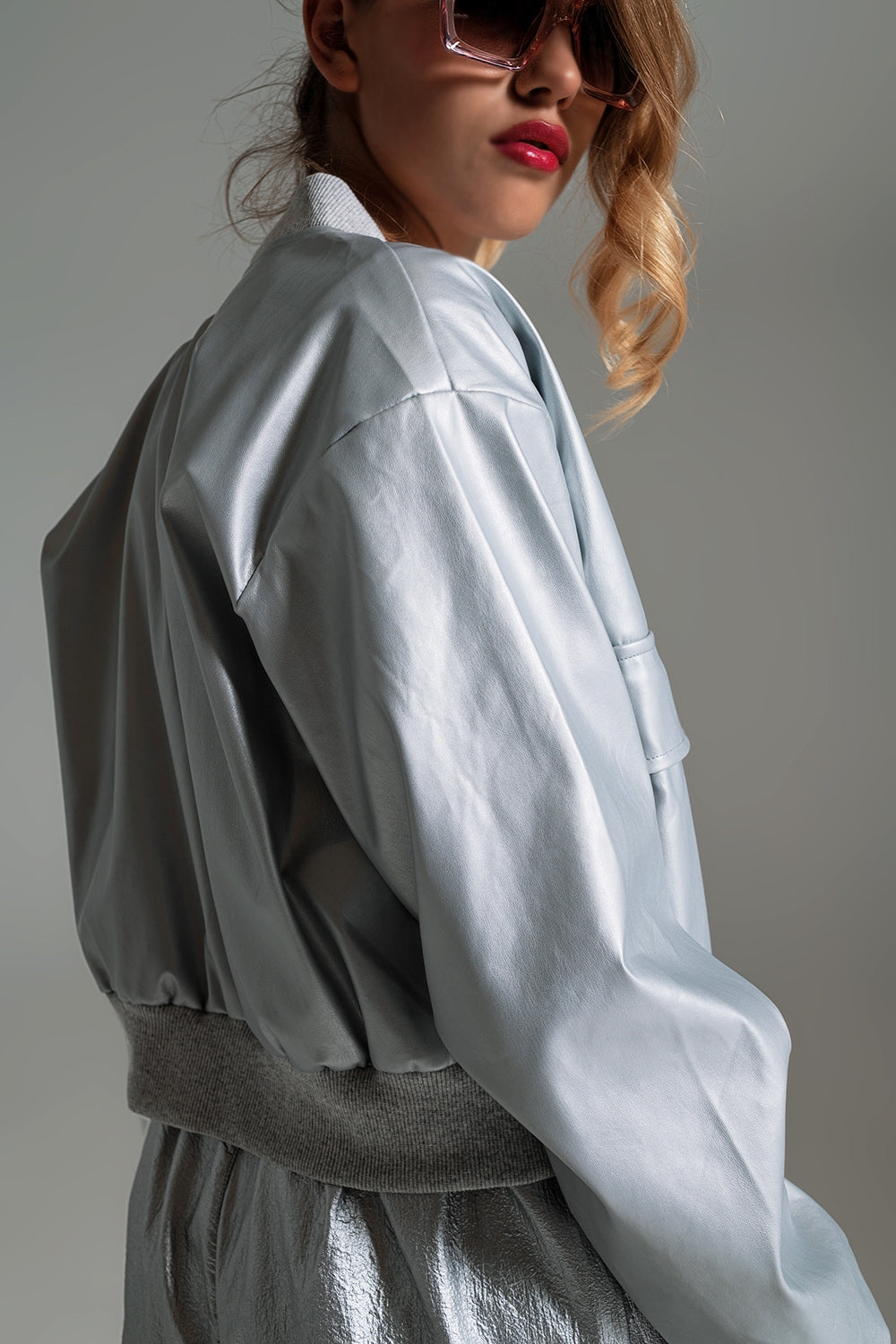 Metallic Bomber Jacket With Front Pockets in Silver - Szua Store