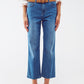 Q2 Mid Wash Straight Jeans With Raw Hem in Blue