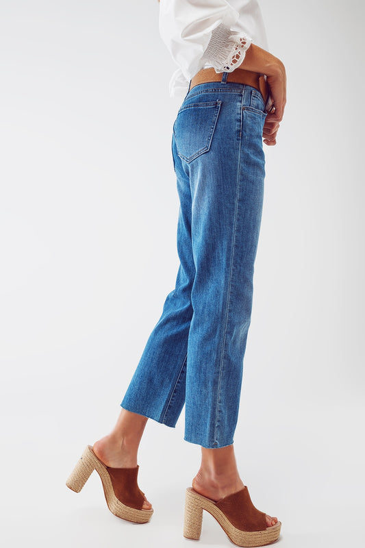 Mid Wash Straight Jeans With Raw Hem in Blue - Szua Store