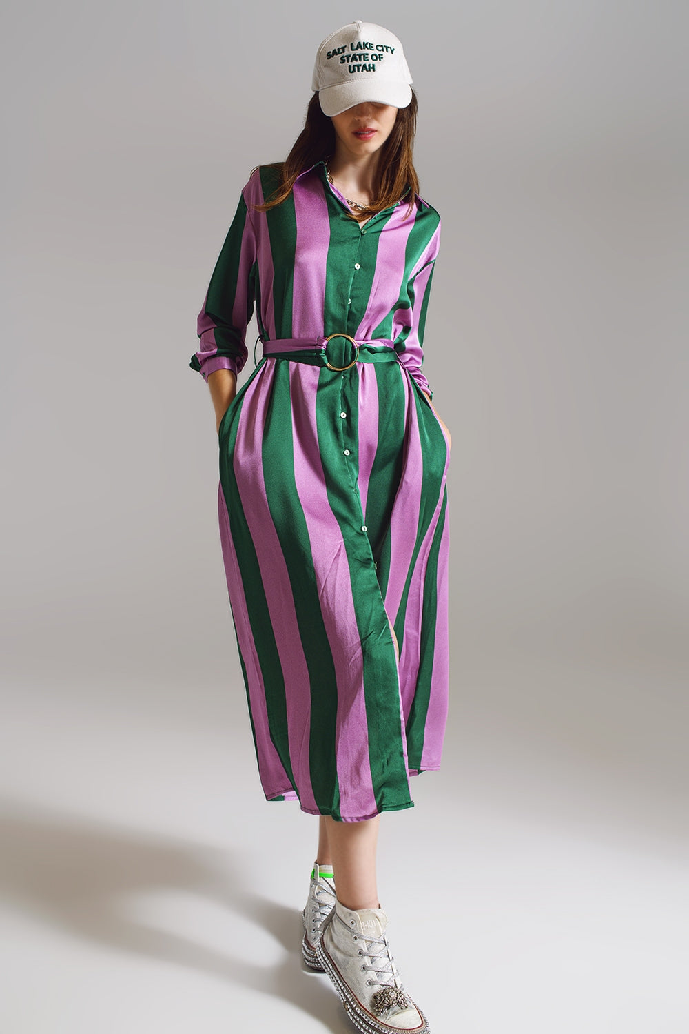 Q2 Midi Belted Shirt Dress in Lilac and Green Stripe