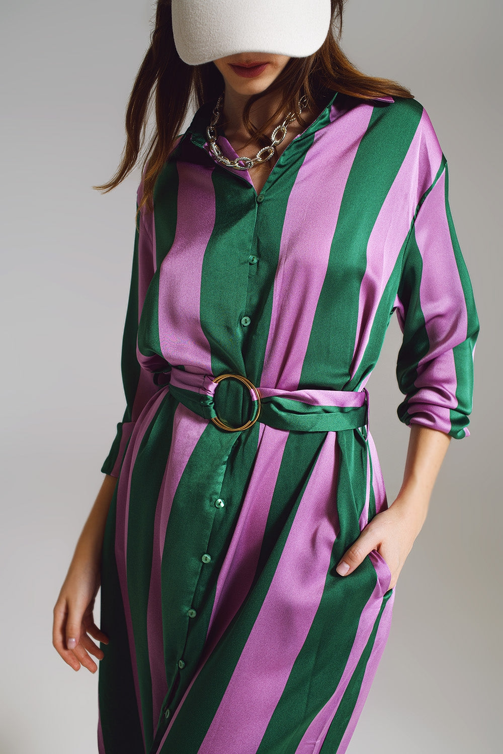 Midi Belted Shirt Dress in Lilac and Green Stripe - Szua Store