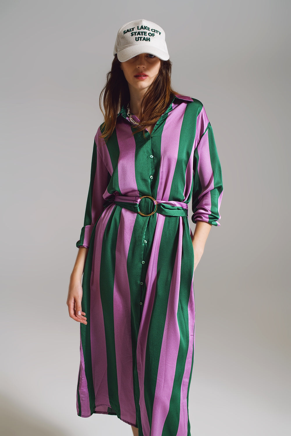 Midi Belted Shirt Dress in Lilac and Green Stripe - Szua Store