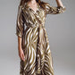 Midi Belted Wrap Dress in Olive Green and Cream Zebra Print