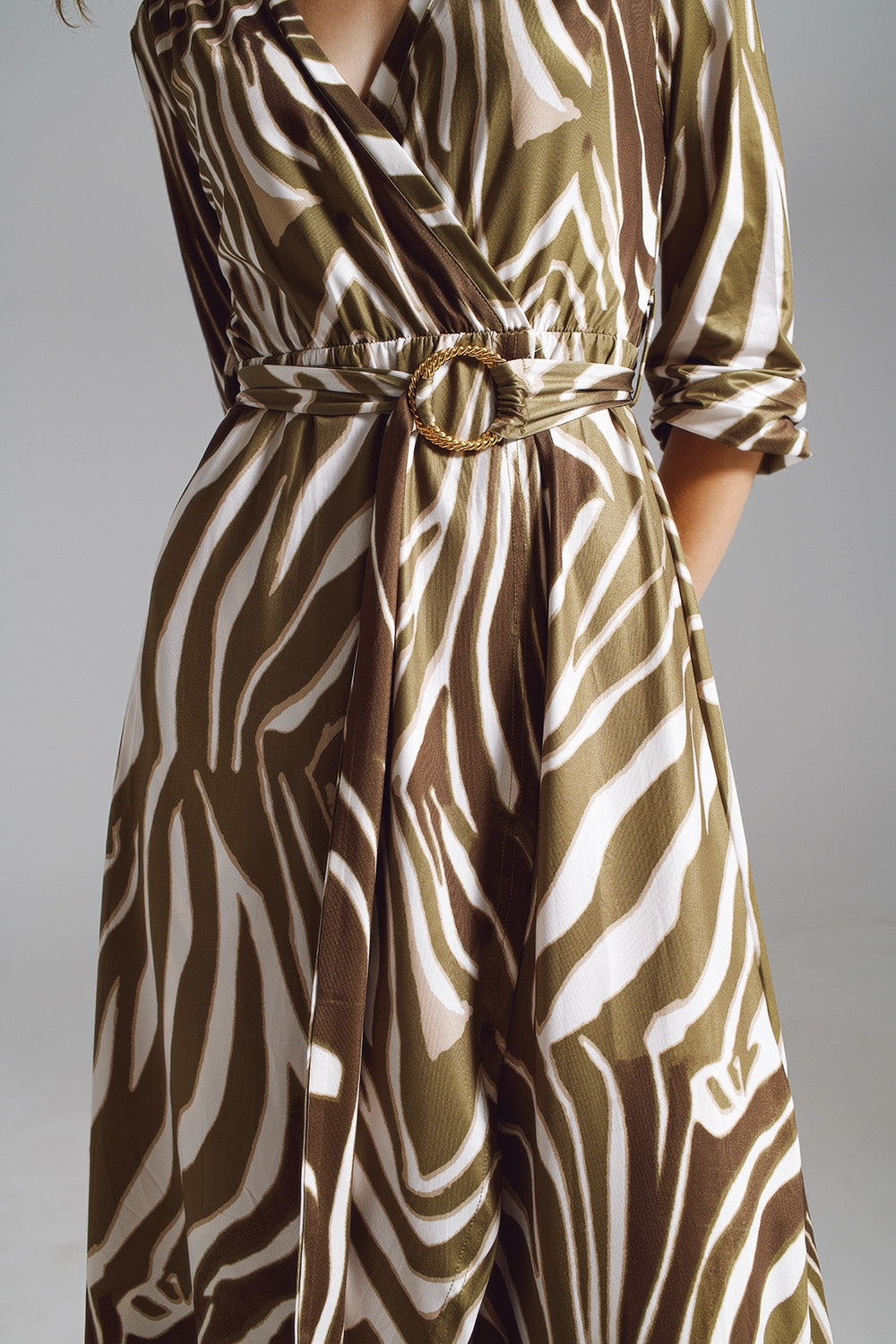 Midi Belted Wrap Dress in Olive Green and Cream Zebra Print