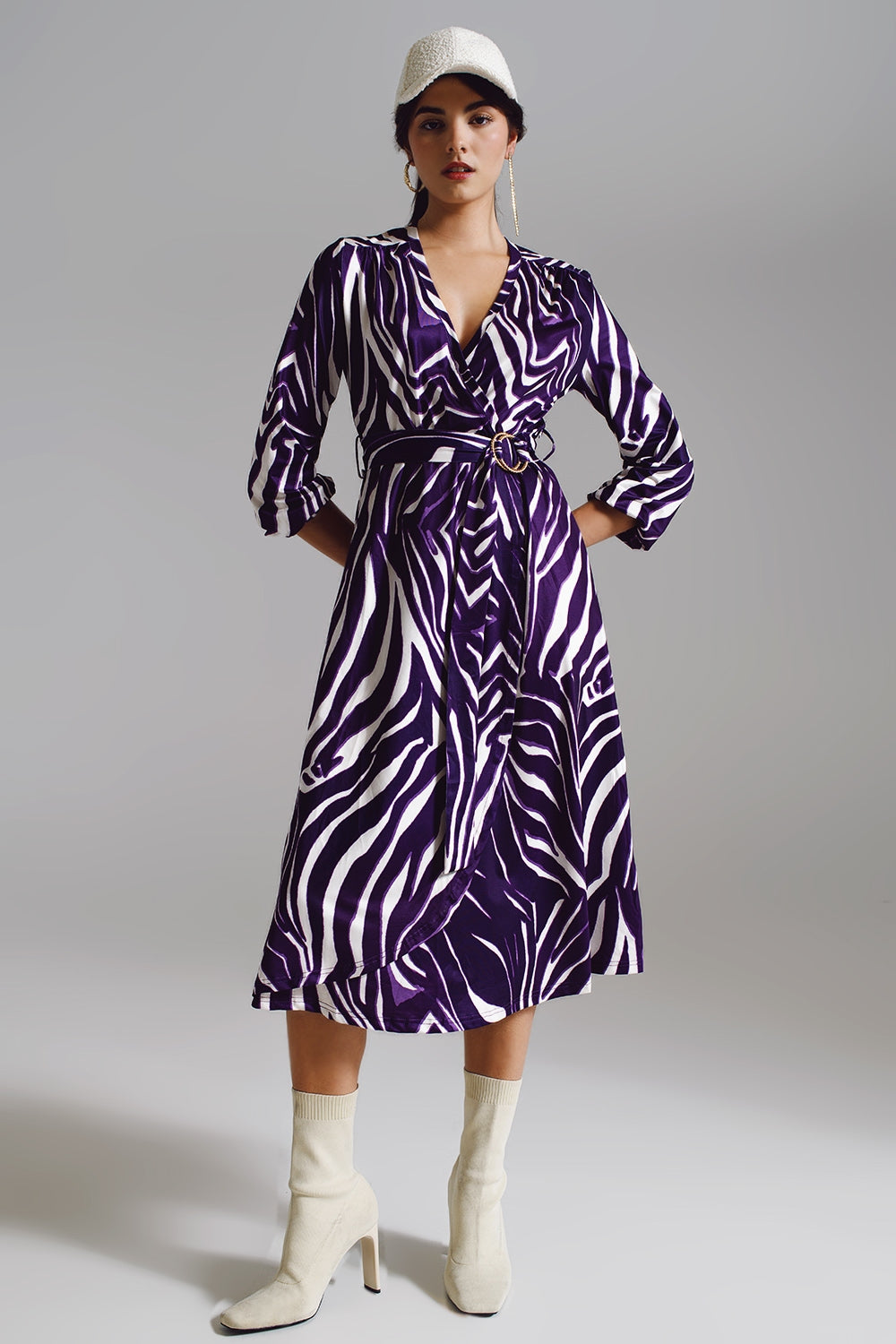 Q2 Midi Belted Wrap Dress in Purple and Cream Zebra Print