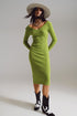 Q2 Midi bodycon knitted dress with V-neck in green.