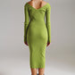 Midi bodycon knitted dress with V-neck in green.