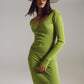 Midi bodycon knitted dress with V-neck in green.