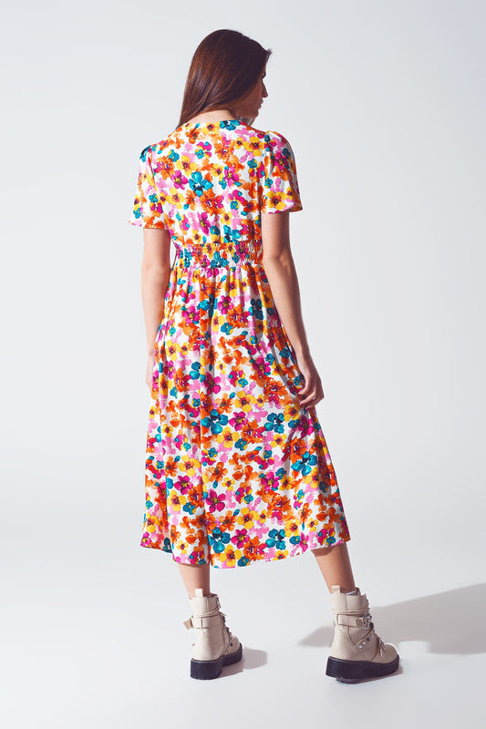 Midi Cinched In Wist Dress In Multicolot Floral Print - Szua Store