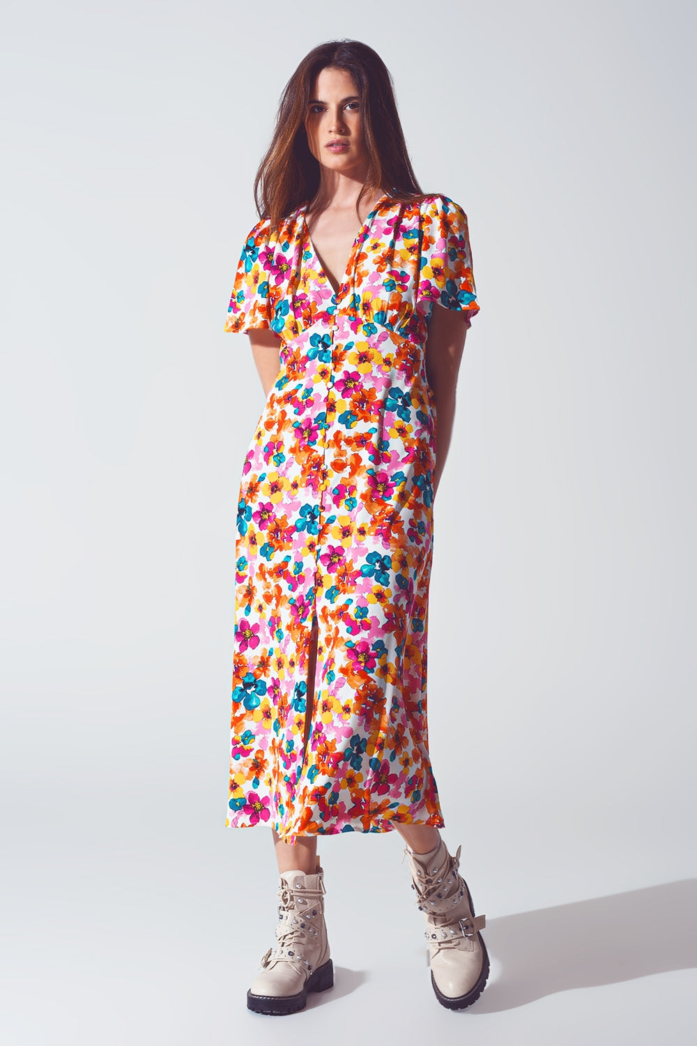 Midi Cinched In Wist Dress In Multicolot Floral Print - Szua Store