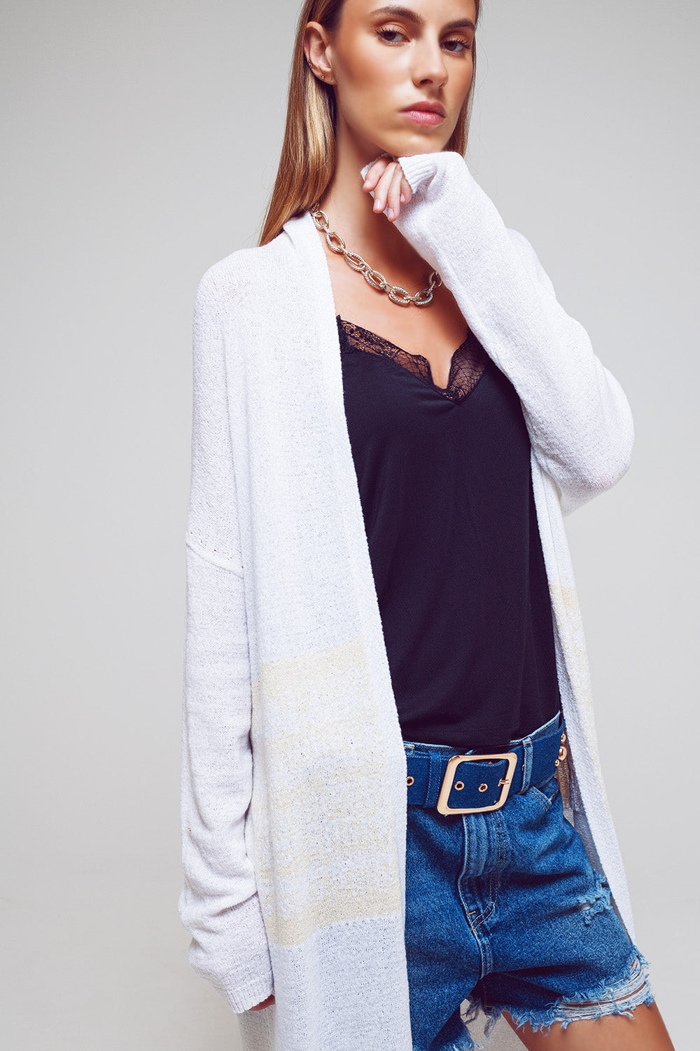 Midi Colourblock Cardigan in White - Szua Store