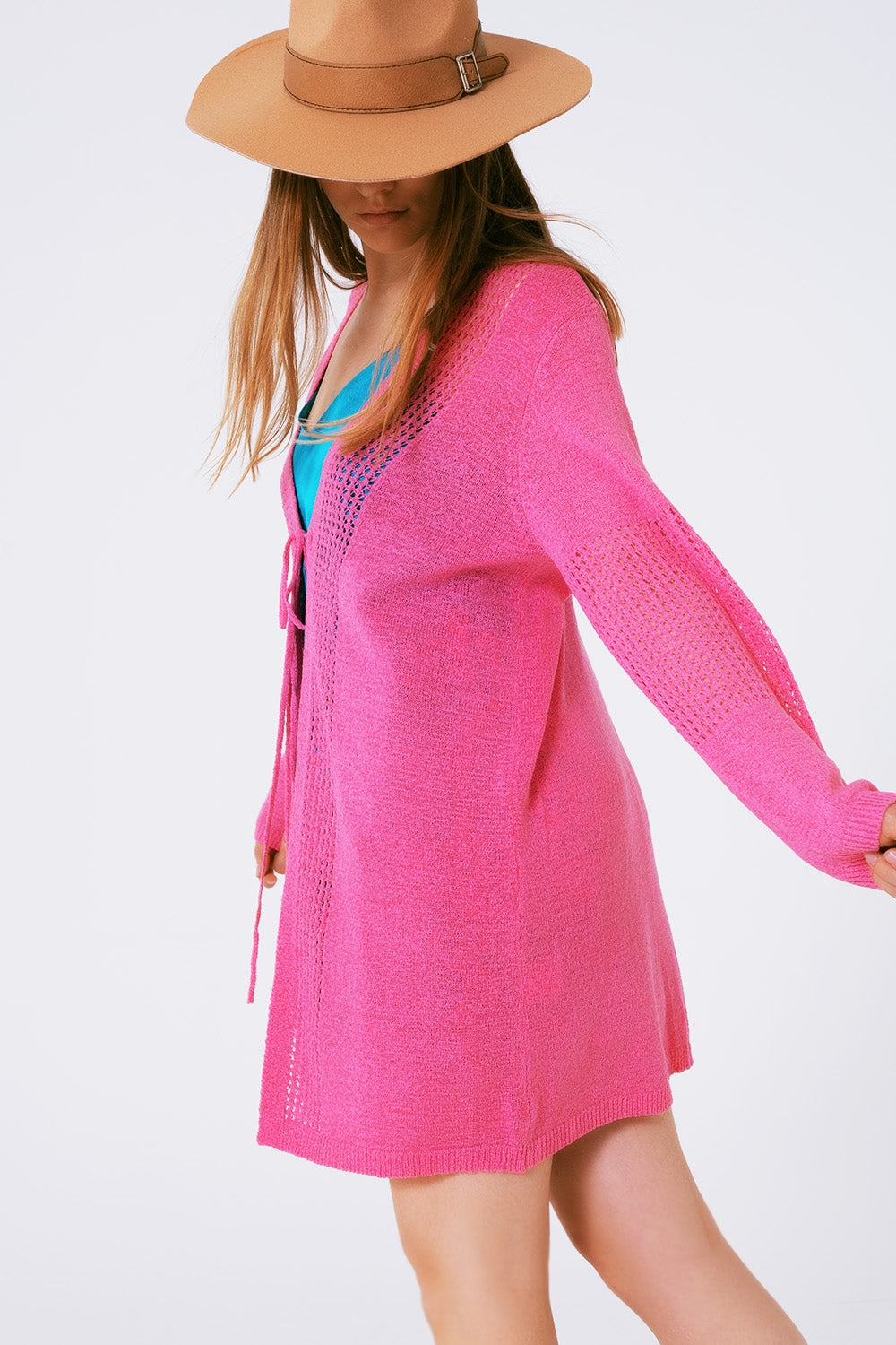 Midi Crochet Drawstring Cardigan in Pink - Szua Store