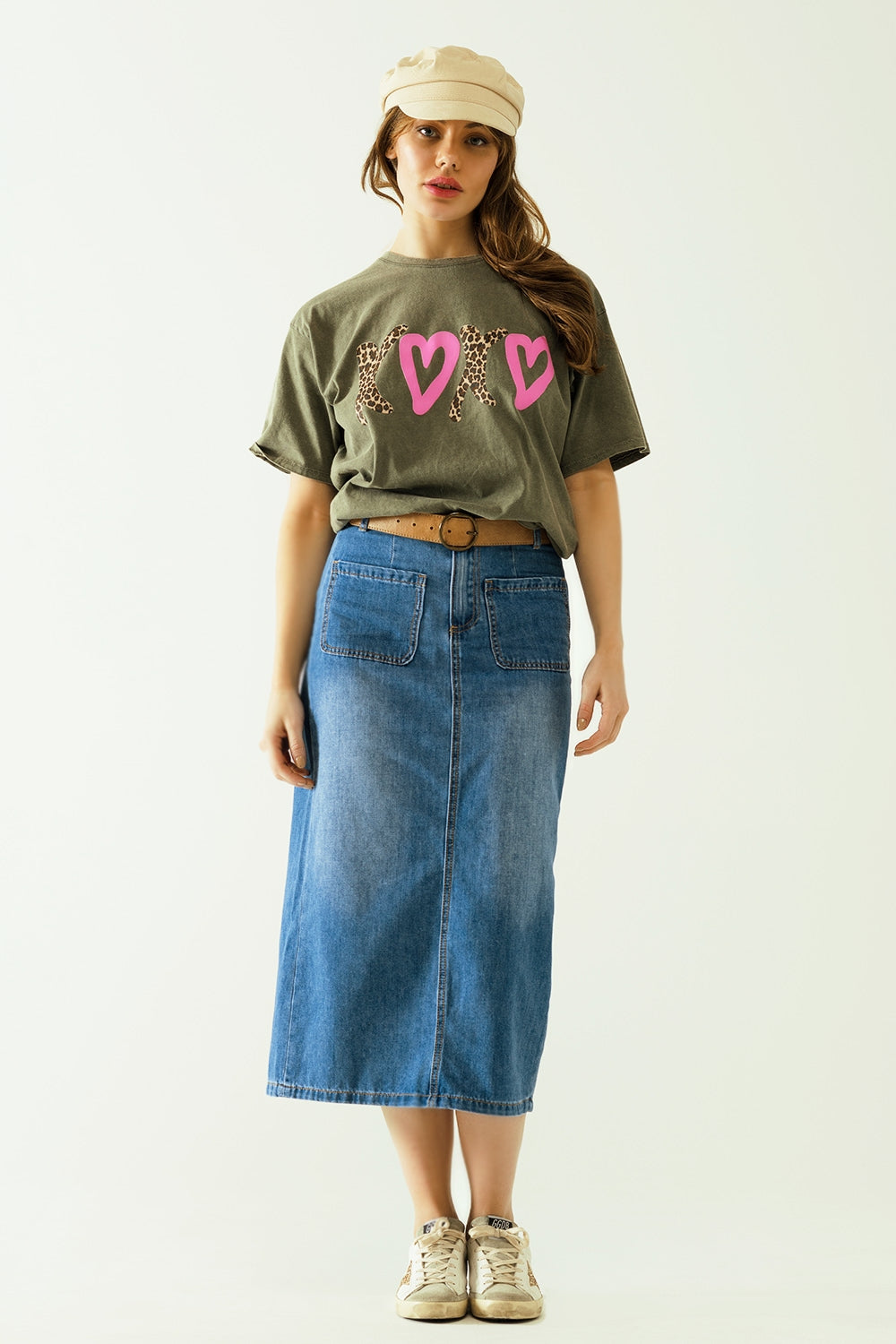 Midi denim skirt with front pockets